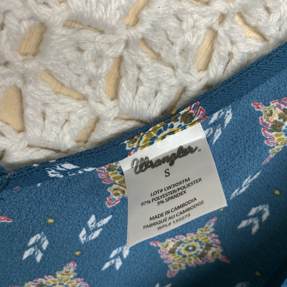 Wrangler Top Women Sz S Kimono Poncho Shawl With Fringe Blue Aztec Print Western - Picture 5 of 7